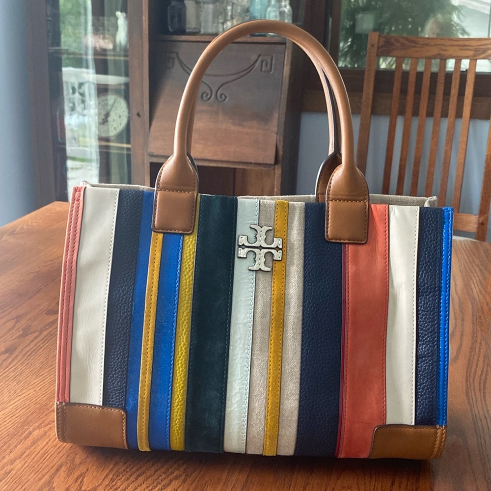 Tory Burch multicolor Ella balloon stripe handbag.